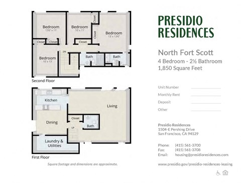 Floor plan for 4 beds, 2.5 baths, 1850 sqft